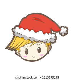 Cute cartoon Christmas boy with red hat, icon emoji element on white silhouette. Decoration for logo, card and any design. Vector illustration about holiday.