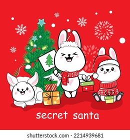 Cute cartoon christmas bunnies on a red background. Vector illustration of kawaii style. Chinese symbol 2023 new year. Christmas and new year card