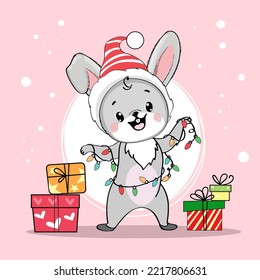Cute cartoon christmas bunny. Vector illustration rabbit in kawaii style. Chinese symbol 2023 new year