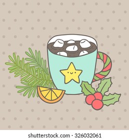 Cute cartoon Christmas cacao with marshmallow.