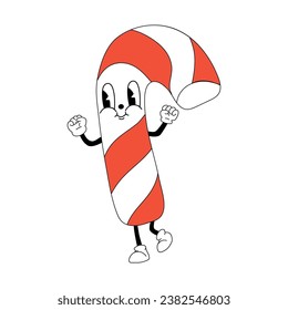 Cute Cartoon Christmas candy cane character. Happy and cheerful emotions. Old animation 60s 70s, funny cartoon characters. Trendy illustration in retro style.