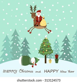 Cute cartoon Christmas card with reindeer and santa