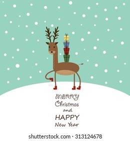 Cute cartoon Christmas card with reindeer