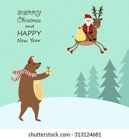 Cute cartoon Christmas card with reindeer