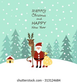 Cute cartoon Christmas card with reindeer and santa