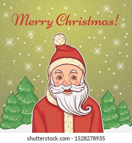 Cute cartoon Christmas card with Santa Claus on the background with greeting and trees, vector image, eps10