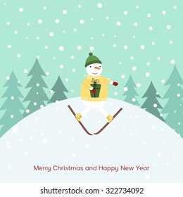 Cute cartoon Christmas card with snowman