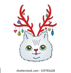 Cute cartoon Christmas cat with deer horns 