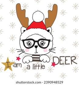 Cute Cartoon Christmas Cat with Deer Horns vector illustration.