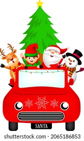 Cute cartoon Christmas character with red car. Santa Claus, Snowman, Reindeer and little elf. Christmas theme concept. Illustration.