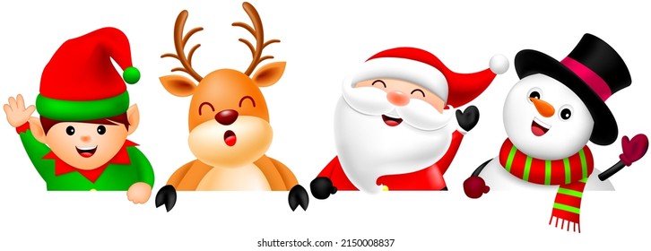 Cute cartoon Christmas characters, Santa claus, snowman, Reindeer and little elf. Illustration.