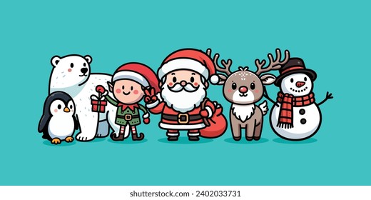 Personajes de navidad de dibujos animados. Santa Claus, Rudolph el reno, elfo, oso polar, pingüino, muñeco de nieve.