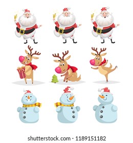 Cute cartoon Christmas characters set. Different poses and situations of Santa Claus, reindeer and snowman. Cheerful mascots. Vector illustrations isolated on white background.