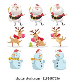 Cute cartoon Christmas characters set. Different poses and situations of Santa Claus, reindeer and snowman. Cheerful mascots. Vector illustrations isolated on white background.