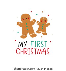 Cute Cartoon Christmas Cookie Mom And Baby. Happy Holidays Vector Print. Christmas Flat Illustrations - Happy Family. My First Christmas - Lettering Quote