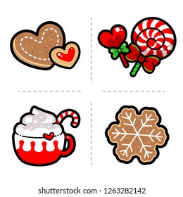Cute Cartoon Christmas desserts, Hot drink with Candy Cane and Cream, Cookie snowflake, Xmas ribbon, gingerbread.