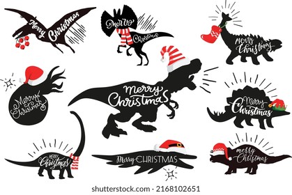 Cute cartoon Christmas Dinosaurs bundle. Dinosaurs wear red hat scarf and red socks on white background