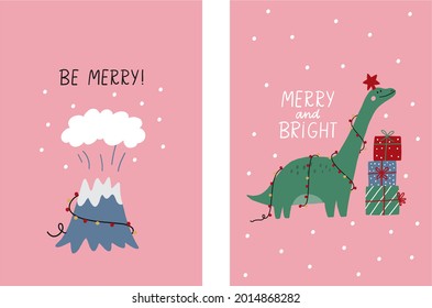 Cute cartoon Christmas Dinosaurs - vector illustrations. Merry Christmas and Happy New Year Dino 2022 cards in flat style