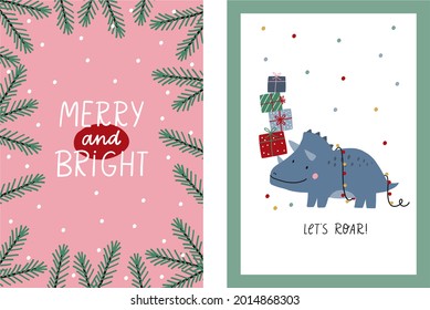 Cute cartoon Christmas Dinosaurs - vector illustrations. Merry Christmas and Happy New Year Dino 2022 cards in flat style