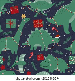 Cute cartoon Christmas Dinosaurs - vector illustrations. Merry Christmas and Happy New Year Dino seamless pattern 2022 cards in flat style