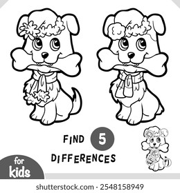 Cute cartoon Christmas dog. Black and white find differences educational game for kids