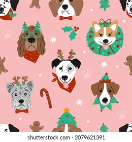 Cute cartoon Christmas dogs - vector prin in flat style. Holidays pet in Christmas hat. Seamless pattern