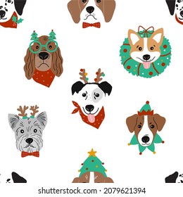 Cute cartoon Christmas dogs - vector prin in flat style. Holidays pet in Christmas hat. Seamless pattern