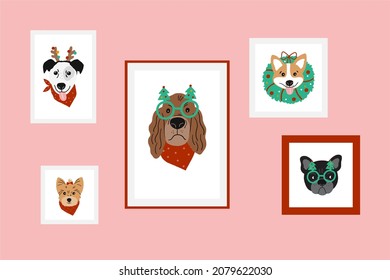 Cute cartoon Christmas dogs - vector prin in flat style. Holidays pet in Christmas hat. 