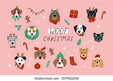 Cute cartoon Christmas dogs - vector prin in flat style. Holidays pet in Christmas hat. 