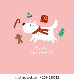 Cute cartoon Christmas dogs - vector prin in flat style. Holidays pet in Christmas hat. 