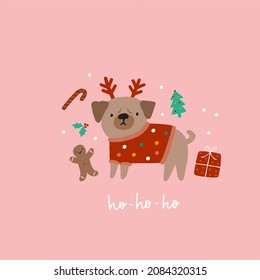 Cute cartoon Christmas dogs - vector prin in flat style. Holidays pet in Christmas hat. 