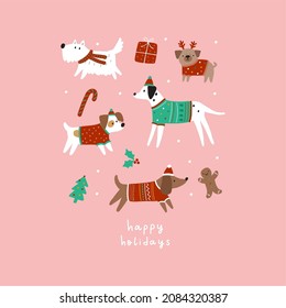 Cute cartoon Christmas dogs - vector prin in flat style. Holidays pet in Christmas hat. 