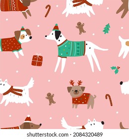 Cute cartoon Christmas dogs - vector prin in flat style. Holidays pet in Christmas hat. Seamless pattern