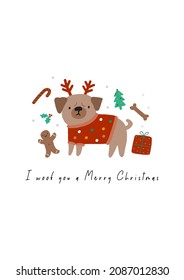 Cute cartoon Christmas dogs - vector prin in flat style. Holidays pet in Christmas hat. I woof you a Merry Christmas
