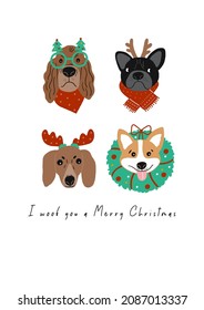 Cute cartoon Christmas dogs - vector prin in flat style. Holidays pet in Christmas hat. I woof you a Merry Christmas
