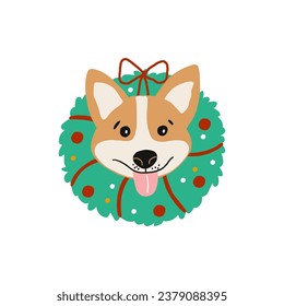 Cute cartoon Christmas dogs - vector prin in flat style. Holidays pet in Christmas hat. 