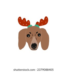 Cute cartoon Christmas dogs - vector prin in flat style. Holidays pet in Christmas hat. 