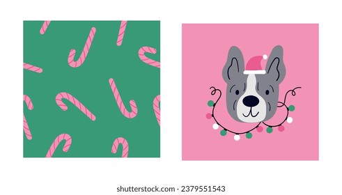 Cute cartoon Christmas dogs - vector prin in flat style. Holidays pet in Christmas hat. 