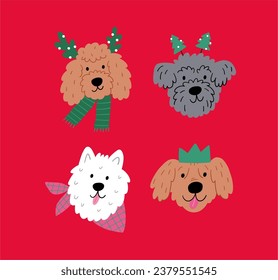 Cute cartoon Christmas dogs - vector prin in flat style. Holidays pet in Christmas hat. 