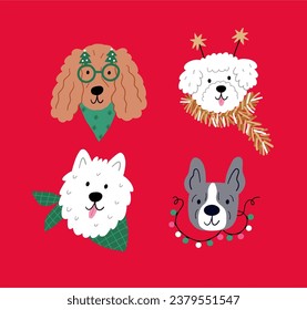 Cute cartoon Christmas dogs - vector prin in flat style. Holidays pet in Christmas hat. 