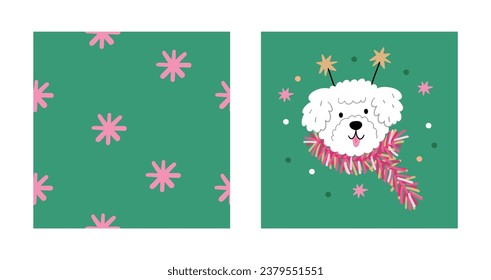 Cute cartoon Christmas dogs - vector prin in flat style. Holidays pet in Christmas hat. 