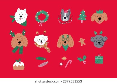 Cute cartoon Christmas dogs - vector prin in flat style. Holidays pet in Christmas hat. 