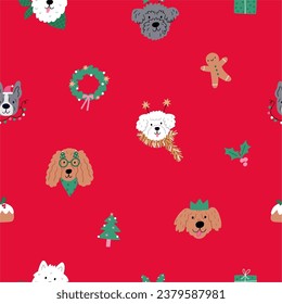 Cute cartoon Christmas dogs - vector prin in flat style. Holidays pet in Christmas hat. Seamless pattern