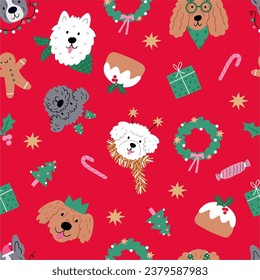 Cute cartoon Christmas dogs - vector prin in flat style. Holidays pet in Christmas hat. Seamless pattern