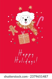 Cute cartoon Christmas dogs - vector prin in flat style. Holidays pet in Christmas hat. 