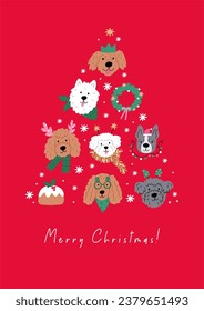 Cute cartoon Christmas dogs - vector prin in flat style. Holidays pet in Christmas hat. 