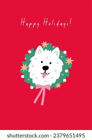 Cute cartoon Christmas dogs - vector prin in flat style. Holidays pet in Christmas hat. 