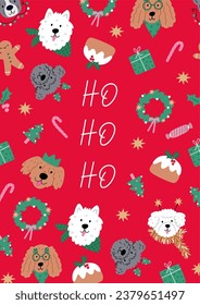 Cute cartoon Christmas dogs - vector prin in flat style. Holidays pet in Christmas hat. 