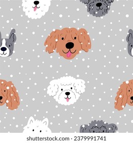 Cute cartoon Christmas dogs - vector prin in flat style. Holidays pet. Seamless pattern