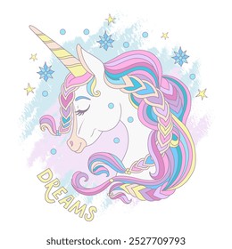 Cute cartoon Christmas dreaming unicorn with braided mane and snowflakes. Vector illustration in trendy soft colors. Happy New Year card for kids. For print, cards, invitation, t shirt, clothes design